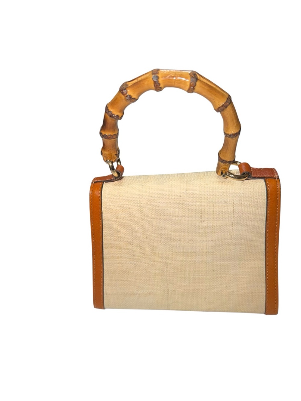 Pratesi Firenze Italy Bamboo Handle Leather Linen Top Handle Satchel Handbag Mad - Picture 7 of 9